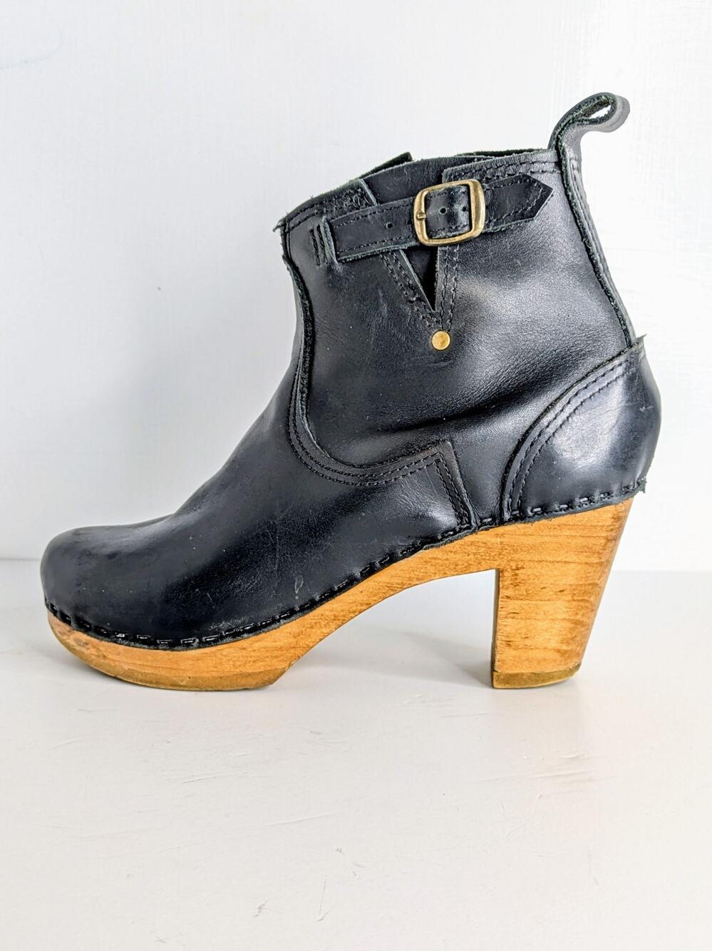 No. 6 Ankle Boots Heeled 36 Black Leather Zip Buckle Wood Platform NYC 6 6.5